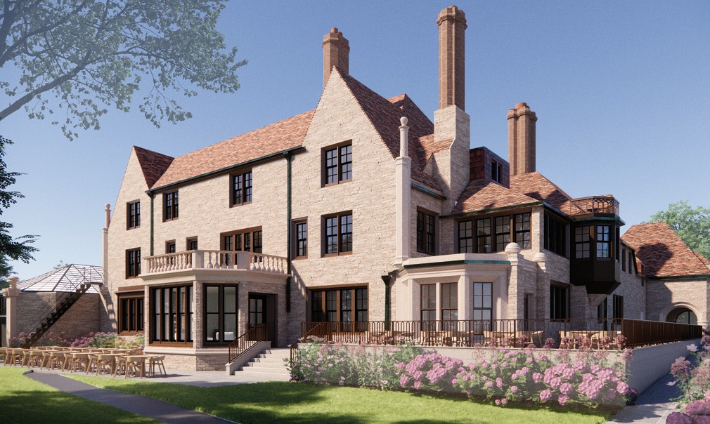 Rendering of the rear volume of the Harley Clarke Mansion